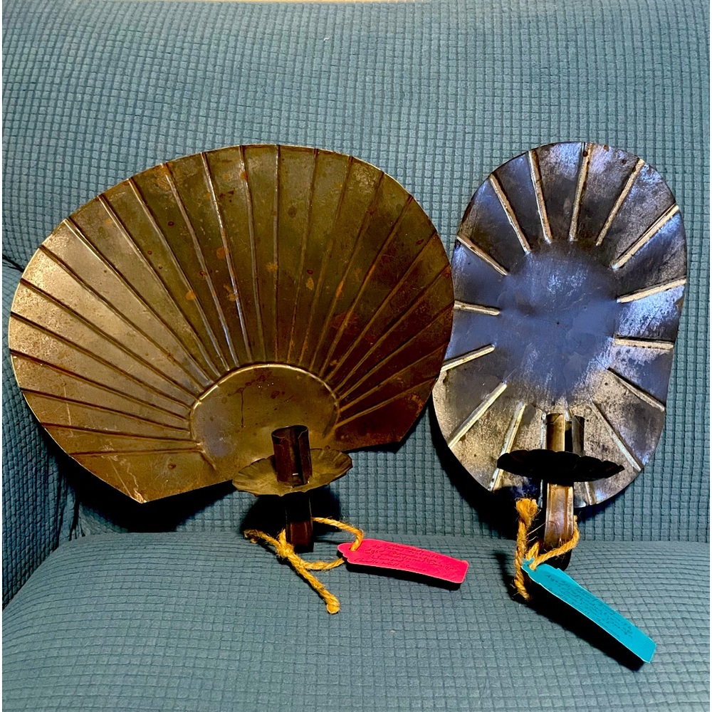 Handmade by Ohio tinsmith. “Sunset” and “Oval Burst” candle wall sconces